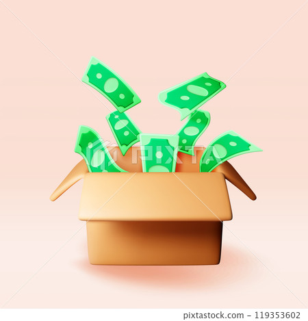3D cardboard box with dollars inside 3D cardboard box with dollars inside 119353602