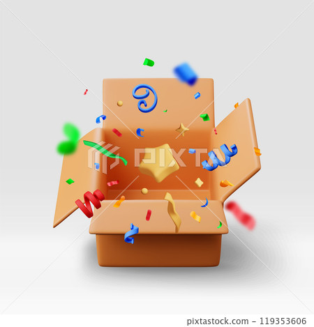 3d opened cardboard box with color confetti 119353606