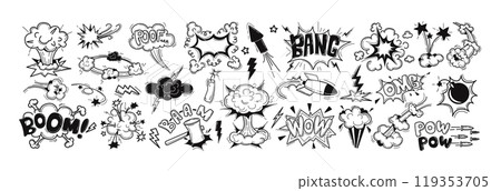 Doodle hand drawn comic bomb explosions with boom crash smoke effect Doodle hand drawn comic bomb explosions with boom crash smoke effect 119353705