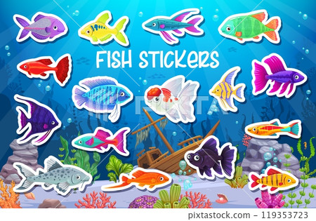 Cartoon aquarium fish stickers with tropical fishes in underwater landscape, vector background. Aquarium fishes stickers with funny bright colorful guppy, goldfish and blue tang with sunken ship boat 119353723