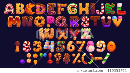 Cartoon candy and confectionery alphabet of sweets typeface and lollypop font, vector chocolate cookie type. Cartoon pastry font letters with bakery desserts and confection sweets in shape of ABC type 119353751