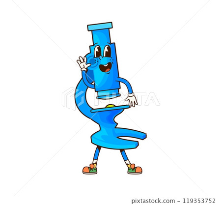 Groovy school microscope character. Child education tool happy character, chemistry equipment or biology research accessory comical groovy vector personage. Science lab microscope funny cartoon mascot 119353752