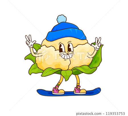 Groovy Christmas cauliflower vegetable character. Vegetarian food ripe vegetable childish Christmas isolated cartoon character, agriculture cauliflower veggie cheerful groovy personage on snowboard 119353753