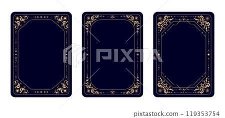 Magic esoteric Tarot cards frames for decks covers design with celestial symbols, vector backgrounds. Tarot cards frames or reverse decks with esoteric magic sun and stars and golden floral ornament 119353754
