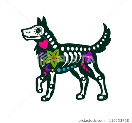 Mexican day of the dead dog animal tattoo, sugar skull with skeleton bones, floral and heart motifs. Vector skeletal canine figure reflects traditional art, festive and celebratory spirit of Muertos Mexican day of the dead dog animal tattoo, sugar skull with skeleton bones, floral and heart motifs. Vector skeletal canine figure reflects traditional art, festive and celebratory spirit of Muertos 119353768