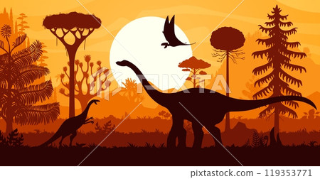 Prehistoric dinosaur silhouettes. Vector scene with dino animal shadows. Soaring pterodactyl, swift velociraptor and towering brachiosaurus roam landscape with ferns, hills, palm trees, and dusk sun 119353771
