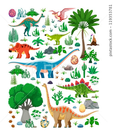 Prehistoric era dinosaur characters and dino lizards in jungle forest, cartoon vector. Funny dinosaurs and prehistoric pterodactyl lizards of Jurassic era for kids dino paleontology encyclopedia 119353781