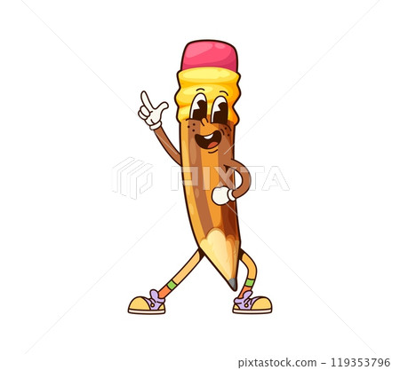 Groovy school pencil character. Child study, office work stationery cute cartoon character or student pen with eraser happy groovy personage. Elementary school supplies comical isolated vector mascot 119353796