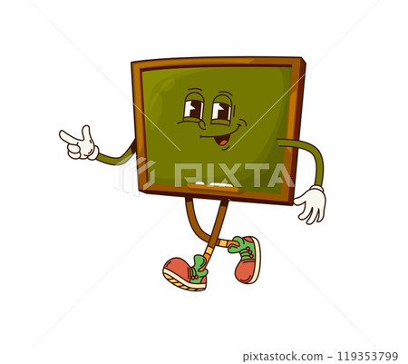 Groovy school board character. Elementary school chalkboard funny cartoon personage, child study equipment childish vintage groovy vector character. Blackboard happy smiling isolated mascot 119353799