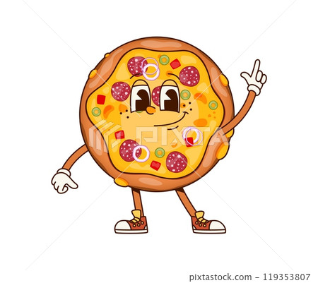 Groovy fast food pizza character celebrates party and dances. Isolated cartoon vector whole, hippie, whole pepperoni Italian food personage with wide, cheesy grin, exudes a cool, funky and retro vibes 119353807