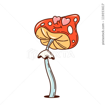 Groovy valentine mushroom character with heart-shaped eyes, exuding a playful and whimsical vibe and spreads cheerful, loving energy. Isolated cartoon vector amanita muscaria fun, quirky comic fungus Groovy valentine mushroom character with heart-shaped eyes, exuding a playful and whimsical vibe and spreads cheerful, loving energy. Isolated cartoon vector amanita muscaria fun, quirky comic fungus 119353817