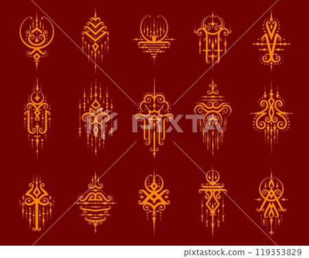 Thai sacred symbols, oriental tattoos and mystic talismans with vector gold pattern of line art elements, abstract geometric shapes. Sacred symbols, traditional Thailand ornaments and oriental motifs 119353829