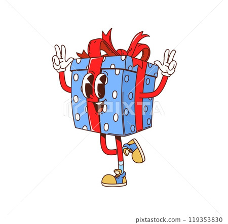 Cartoon groovy christmas gift box character. Merry Xmas present isolated cartoon cute personage. Happy Christmas or New Year celebration blue gift box groovy vector character or cheerful mascot 119353830