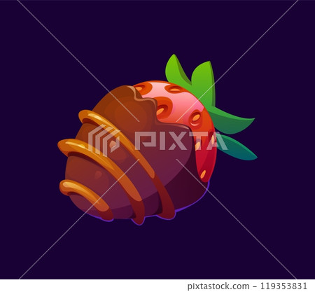 Cartoon valentine candy sweets and confectionery. Isolated vector ripe red strawberry dipped in chocolate, decorated with a drizzle of caramel. Dessert or valentines day celebration or romantic dating 119353831