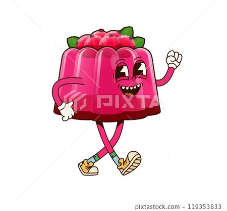 Groovy pudding dessert character. Cartoon vector funny pink jelly sweets personage decorated with red currant berries and mint leaves. Isolated funky fruit pastry. Cute tasty food with smiling face 119353833