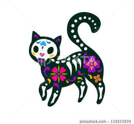 Mexican day of the dead cat animal tattoo with decorative floral patterns and skeleton bones. Vector sugar skull inspired by culture and tradition of Mexico, symbolizing remembrance of feline pets 119353839