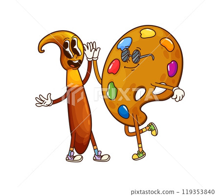 Groovy school paint brush and palette character. Child study stationery cartoon cheerful personage, art student or kids drawing tool funny groovy vector mascot. Brush and paint palette cute character Groovy school paint brush and palette character. Child study stationery cartoon cheerful personage, art student or kids drawing tool funny groovy vector mascot. Brush and paint palette cute character 119353840