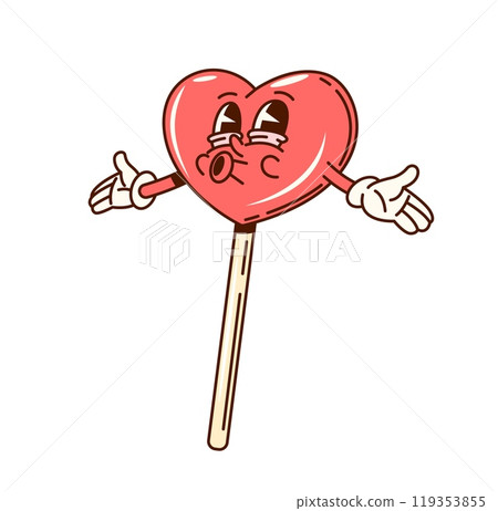 Groovy valentine lollypop heart character. Isolated cartoon vector retro candy with playful expression, extending its arms expressing love, fun, affection and sweetness for Valentines day celebration 119353855