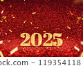 happy new year 2025 3d rendering gold color on red glitter background 119354118