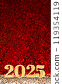 happy new year 2025 3d rendering gold color on red glitter background 119354119