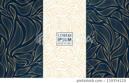 Vector art deco gold leaves pattern, floral abstract texture, vintage nature fancy cards. Nouveau motif, elegant jungle package Vector art deco gold leaves pattern, floral abstract texture, vintage nature fancy cards. Nouveau motif, elegant jungle package 119354128