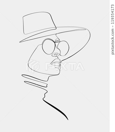 Minimalist line art of woman with hat and glasses 119354173