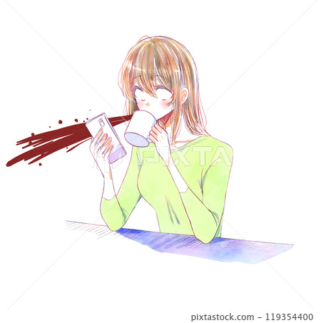 一名白眼女子一邊操作智慧型手機一邊吹起飲料 一名白眼女子一邊操作智慧型手機一邊吹起飲料 119354400