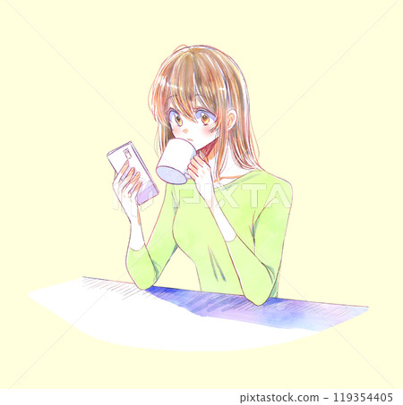A woman drinking a drink while operating a smartphone A woman drinking a drink while operating a smartphone 119354405