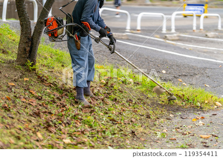 Grass cutter Worker cutting grass Grass cutter Worker cutting grass 119354411
