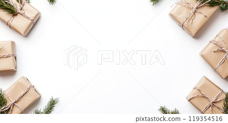 Minimalistic christmas gift boxes with pine branches for holiday decor and celebration 119354516