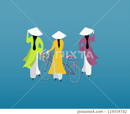 Three Vietnamese girls traditional Ao Dai 119354782