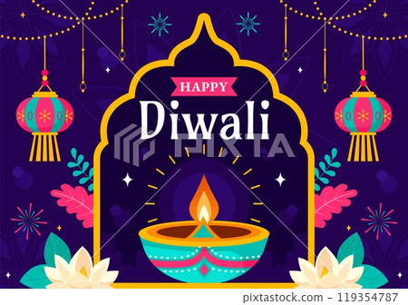 Diwali Festival of Lights Vector Illustration featuring Traditional Indian Rangoli Decoration, Festive Lamp and Fireworks in a Holiday Flat Background 119354787