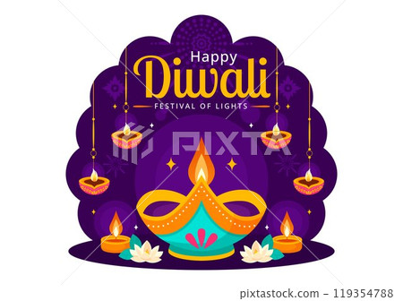 Diwali Festival of Lights Vector Illustration featuring Traditional Indian Rangoli Decoration, Festive Lamp and Fireworks in a Holiday Flat Background Diwali Festival of Lights Vector Illustration featuring Traditional Indian Rangoli Decoration, Festive Lamp and Fireworks in a Holiday Flat Background 119354788