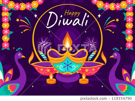 Diwali Festival of Lights Vector Illustration featuring Traditional Indian Rangoli Decoration, Festive Lamp and Fireworks in a Holiday Flat Background 119354790
