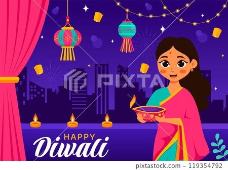Diwali Festival of Lights Vector Illustration featuring Traditional Indian Rangoli Decoration, Festive Lamp and Fireworks in a Holiday Flat Background Diwali Festival of Lights Vector Illustration featuring Traditional Indian Rangoli Decoration, Festive Lamp and Fireworks in a Holiday Flat Background 119354792