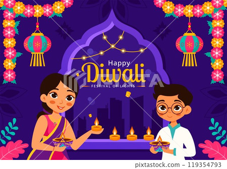 Diwali Festival of Lights Vector Illustration featuring Traditional Indian Rangoli Decoration, Festive Lamp and Fireworks in a Holiday Flat Background 119354793