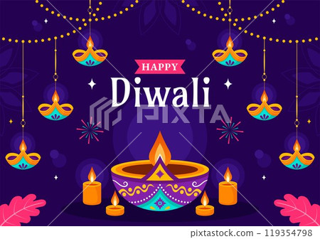 Diwali Festival of Lights Vector Illustration featuring Traditional Indian Rangoli Decoration, Festive Lamp and Fireworks in a Holiday Flat Background 119354798