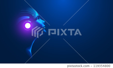 AI. Artificial intelligence in human face or head concept. Artificial neural network in image woman head looking at up. AI mind. 119354800