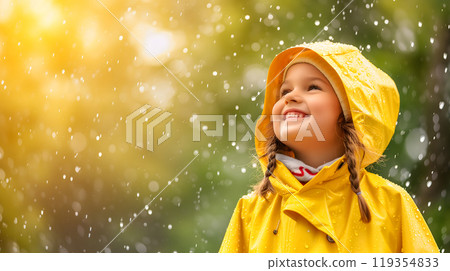 Happy child in yellow raincoat enjoying rain. 119354833