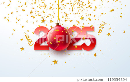 Happy New Year 2025 Illustration with Red Number, Christmas Ball and Falling Confetti on White Background. Holiday Design with Typography Lettering for Flyer, Greeting Card, Banner, Celebration Poster 119354894
