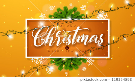 Merry Christmas and Happy New Year Illustration with Fir Branch, Gold Star and Light Garland on Yellow Background. Vector Holiday Season Banner Design for Greeting Card, Party Flyer, Celebration 119354898