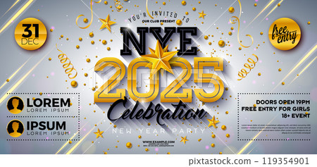 Happy New Year 2025 Party Celebration Banner Template Illustration with Golden Typography Lettering on White Background. Vector New Year Eve Holiday Design. Premium Invitation Flyer or Promo Poster. Happy New Year 2025 Party Celebration Banner Template Illustration with Golden Typography Lettering on White Background. Vector New Year Eve Holiday Design. Premium Invitation Flyer or Promo Poster. 119354901