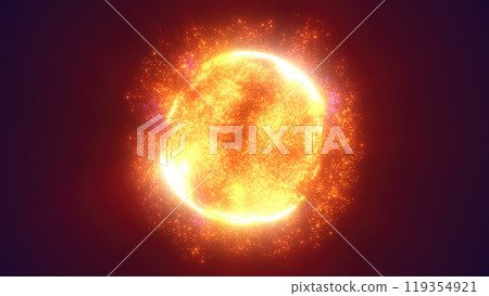A glowing, fiery sphere with swirling particles and intense energy of heat and motion of energy, fire, and dynamic forces in a futuristic cosmic setting 119354921