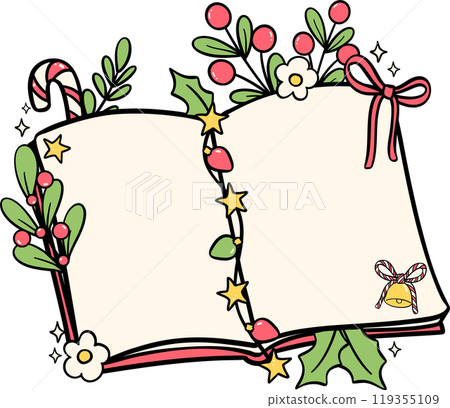 Festive Christmas book opened hand drawn illustration Festive Christmas book opened hand drawn illustration 119355109
