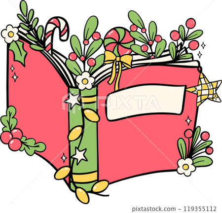 Festive Groovy Christmas book opened hand drawn illustration Festive Groovy Christmas book opened hand drawn illustration 119355112