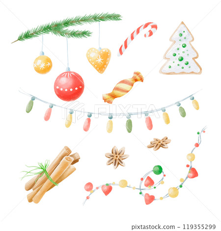 Watercolor illustration Christmas set of gifts, sweets, elements Watercolor illustration Christmas set of gifts, sweets, elements 119355299