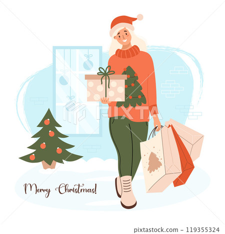 Merry Christmas. New year Shopping. Happy blonde girl in Santa hat in festive sweater with packages and gift box on street of store window and Xmas tree. Vector illustration. Holiday shopper Merry Christmas. New year Shopping. Happy blonde girl in Santa hat in festive sweater with packages and gift box on street of store window and Xmas tree. Vector illustration. Holiday shopper 119355324