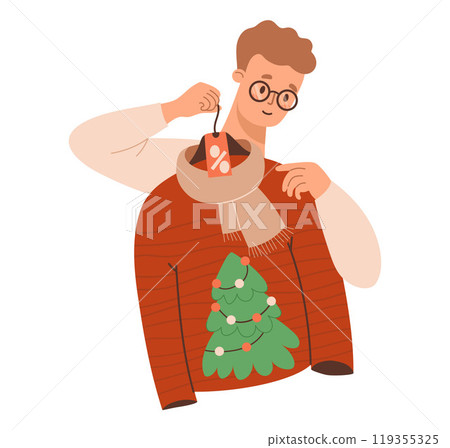 Festive Shopping. Man with glasses trying on winter clothes, scarf and ugly Christmas sweater with tree on sale. New Year male shopper character. Vector illustration Festive Shopping. Man with glasses trying on winter clothes, scarf and ugly Christmas sweater with tree on sale. New Year male shopper character. Vector illustration 119355325