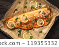 Baked Trout with Garlic and Butter. Keto Diet 119355332