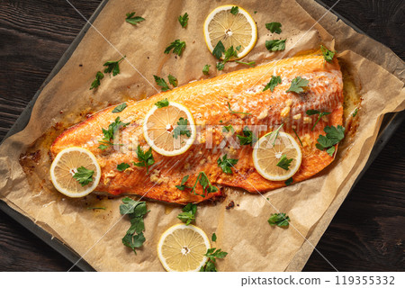 Baked Trout with Garlic and Butter. Keto Diet Baked Trout with Garlic and Butter. Keto Diet 119355332